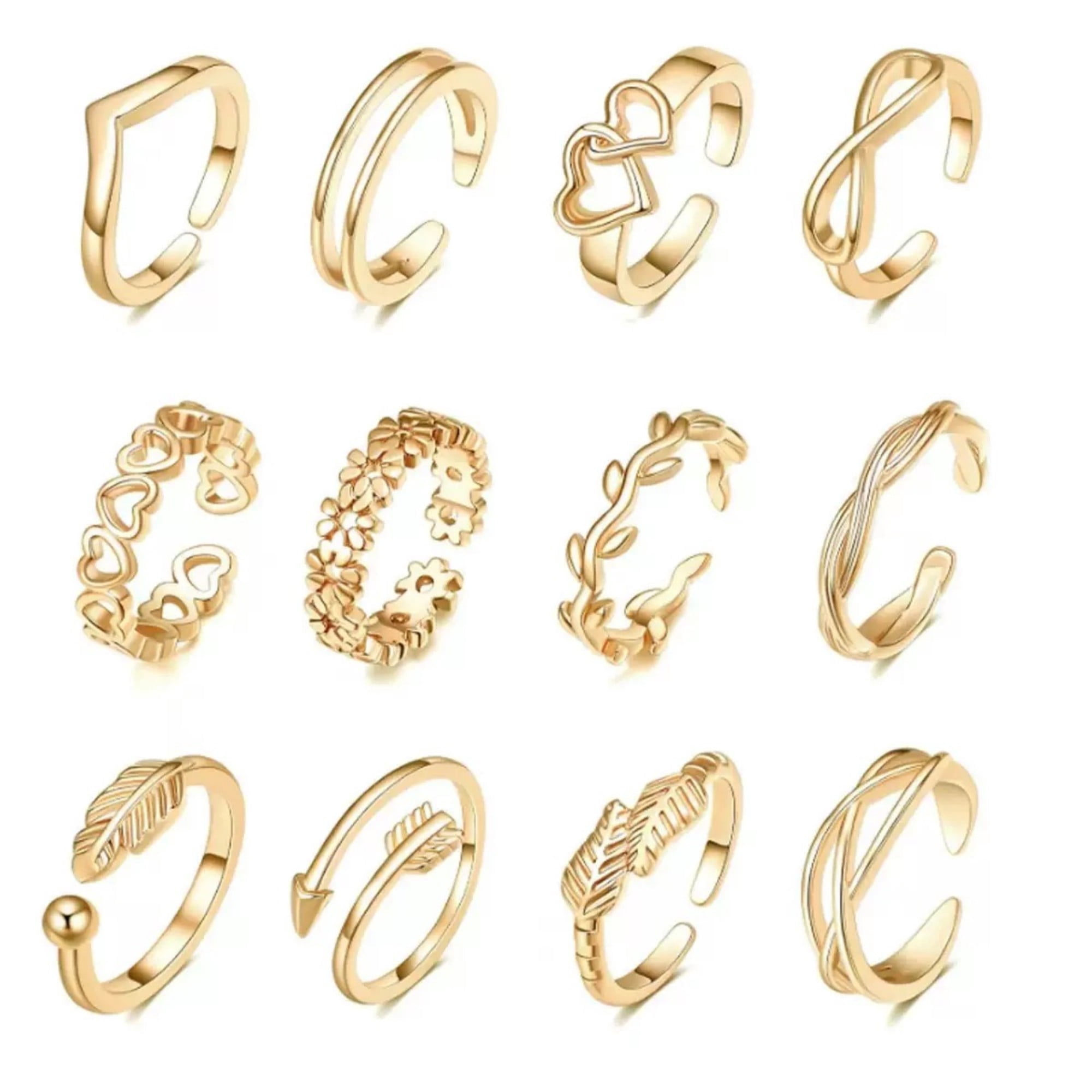 12 PCs Mixed Design Adjustable Toe Rings Set, Minimalist Fashion Rings for Women, Assorted Styles (Flower, Heart, Geometric) with Gift Box - Gold