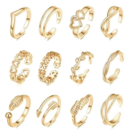12 PCs Mixed Design Adjustable Toe Rings Set, Minimalist Fashion Rings for Women, Assorted Styles (Flower, Heart, Geometric) with Gift Box - Gold