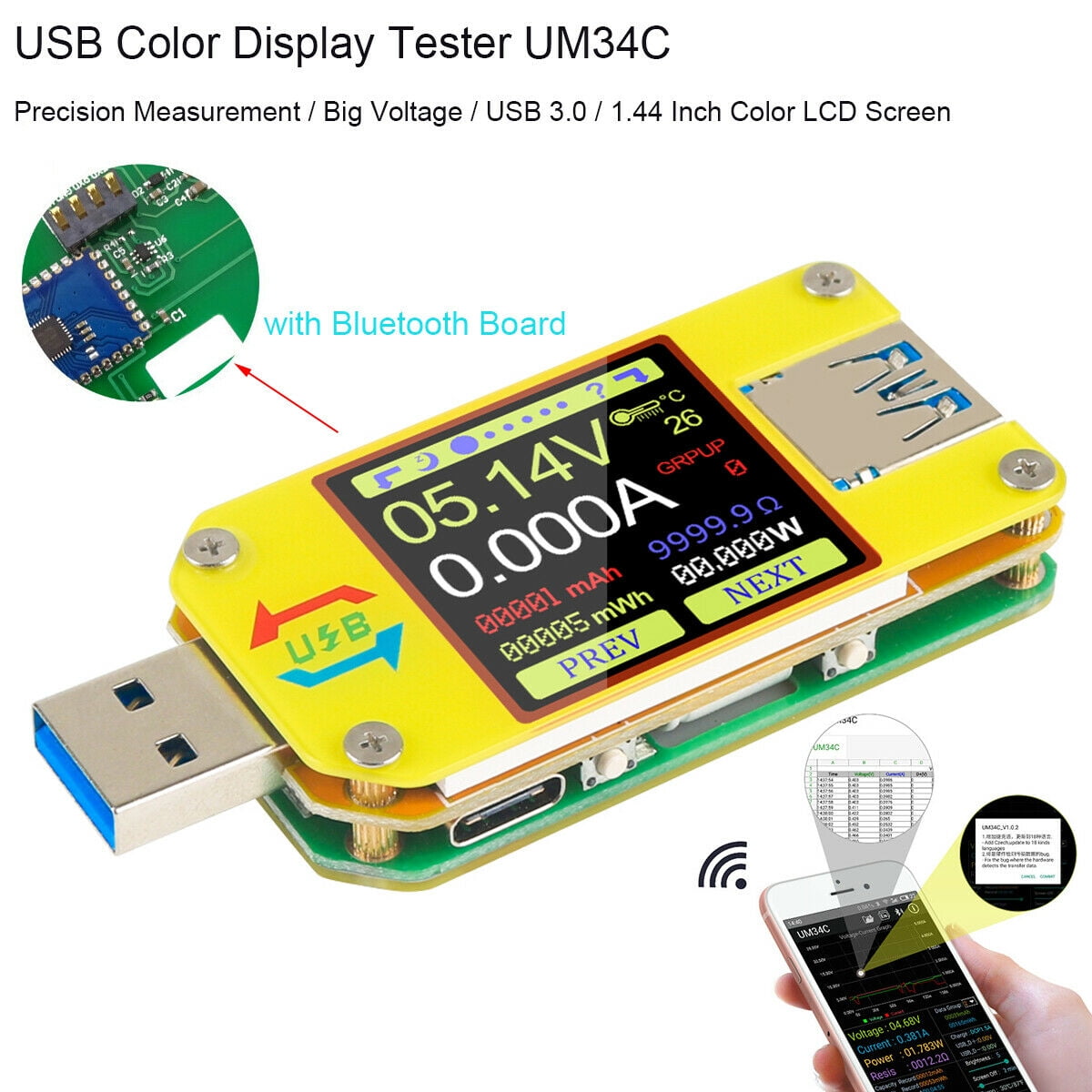 UM34C Type-C USB 3.0 Color LCD Display Voltage Current Capacity Tester+Bluetooth 