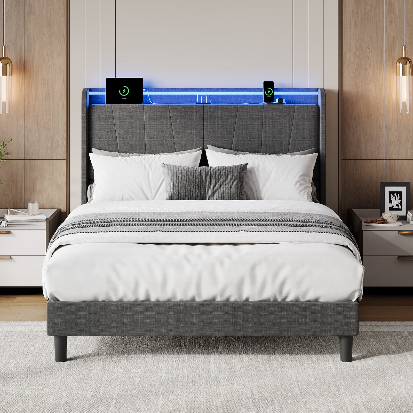 Full Size Bed Frame with LED Lights and Charging Station, Fabric Upholstered Platform Full Bed Frame with Headboard, No Box Spring Needed Bedframe, Noise Free, Easy Assembly, Gray