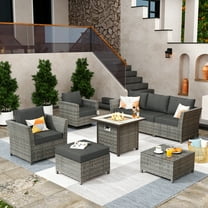 XIZZI 8 Pieces Outdoor Patio Furniture Set with Swivel Rocking Chairs and Square Fire Pit,All Weather PE Rattan Wicker Patio Sectional Sofa Conversation Set for Garden,Black