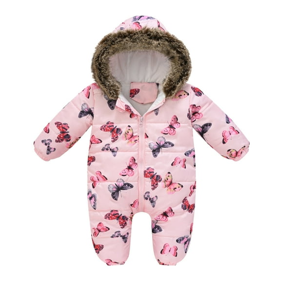 DHFJKG Baby Infant Snowsuit Winter Padded Clothes Fuzzy Trim Hooded Butterfly Print Zipper Romper Jumpsuit Warm Outwear Outfits Cozy Onesies