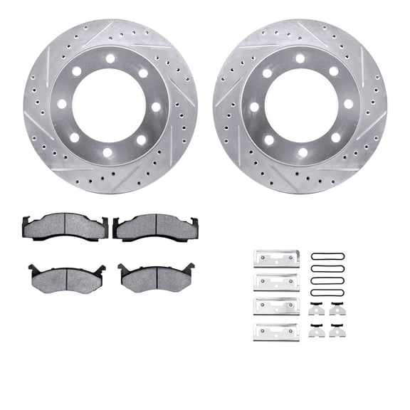 Dynamic Friction Company Front Brake Rotors-Drilled and Slotted-Silver with Heavy Duty Brake Pads includes Hardware 7212-40119
