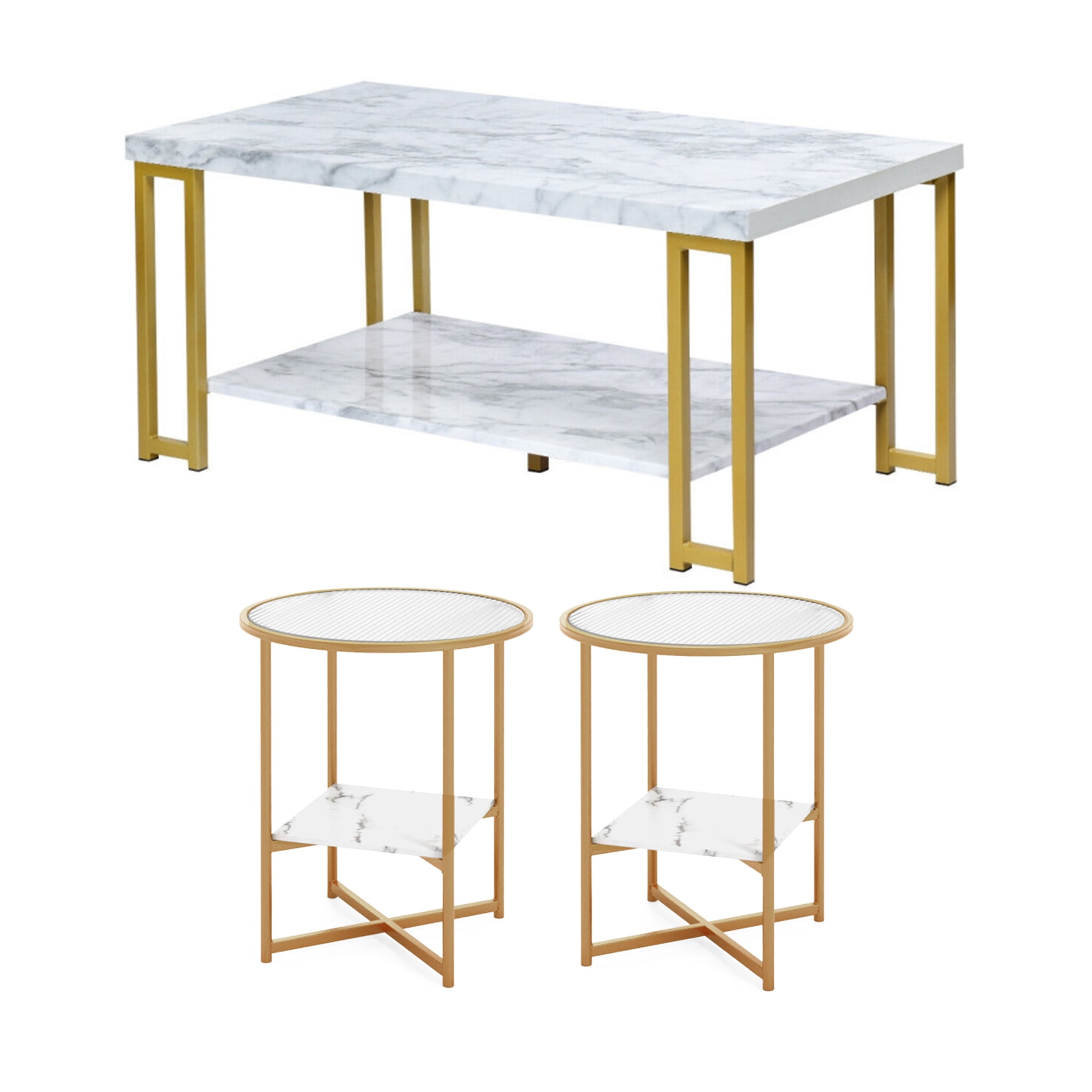 Demi Bonn 3-Piece Coffee Table Set, Rectangular Modern Coffee Table with Gold Print Metal Frame & 2-Tier Glass End Table Set of 2 with Faux Marble Storage Shelf, for Living Room, White