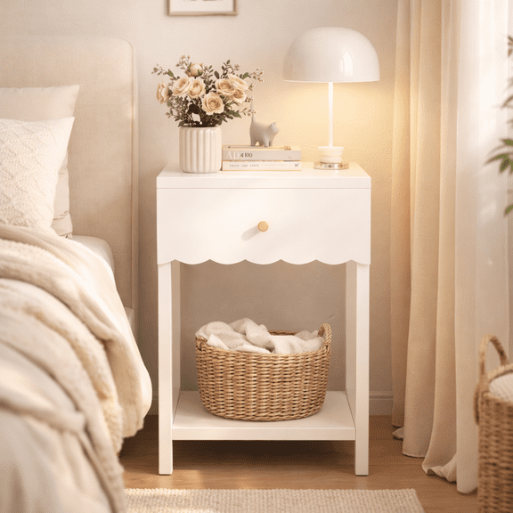 16.93" Modern White Bedside Table with Drawer and Shelf | Scalloped edge design ideal for minimalists or youth spaces