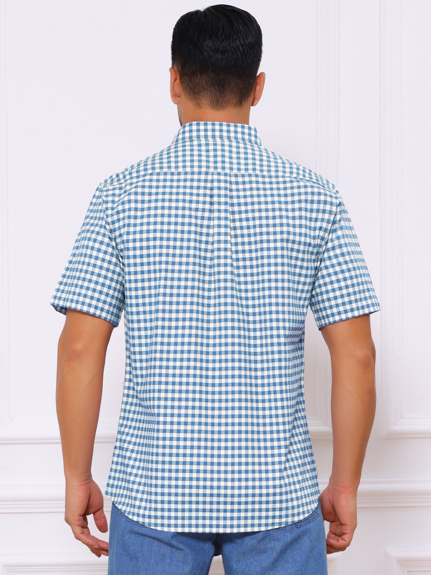 DARING DIVA Men's Point Collar Short Sleeve Button Business Plaid Shirts L Blue White