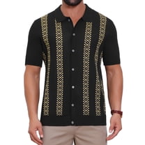 Men's Jacquard Polo Shirt Short Sleeve Button Down Knitted Golf Polo Shirts M Black