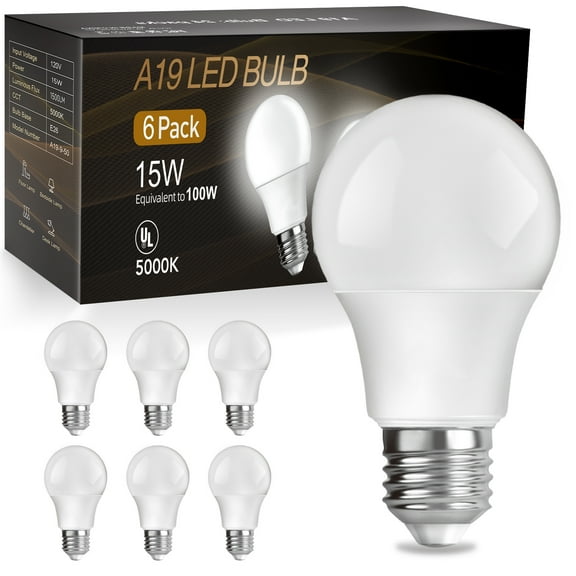 DAYBETTER A19 LED Light Bulbs, 100W Equivalent,5000K Daylight, 15W 1500 Lumens,E26 Standard Base,UL Listed,Lighting for Bedroom Living Room Home Office,6 Pack