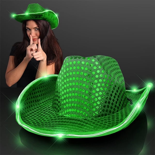 Sombrero de Vaquero con Lentejuelas y Luces Led | Sombrero Vaquero Verde Brillante de Color Vaquero | Disfraz de Fiesta para Rodeo, Halloween y Cosplay | Tela Suave y Cordón Ajustable | 1 Par, 102 G