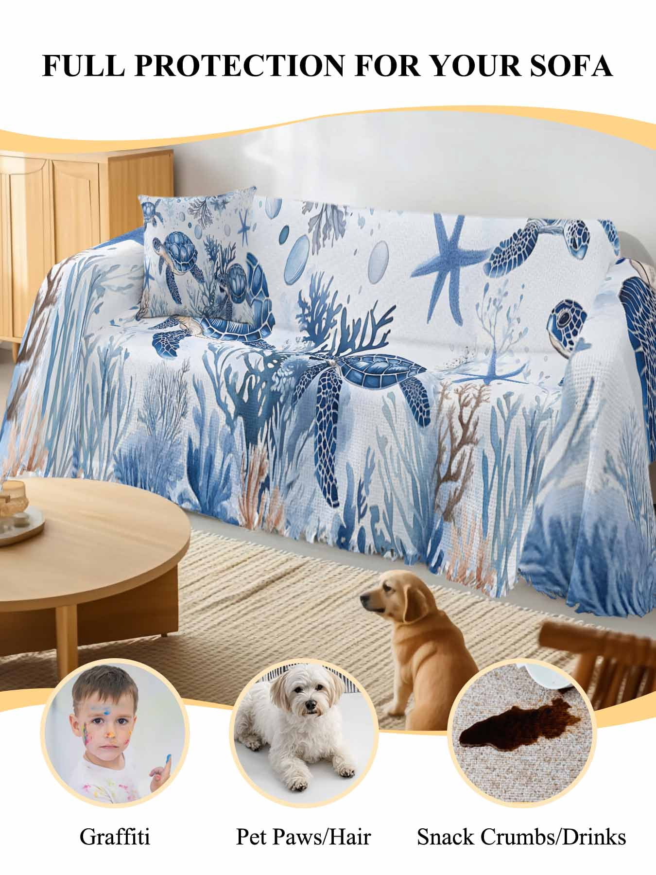 Summer Beach Coastal Sofa Covers for 2-3 Cushion Couch L-Shaped Sectional, Sea Turtle Coral Nautical Washable Sofa Covers Slipcover for Living Room Furniture, Couch Cover Blanket 71"x134"