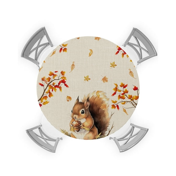 nqOlkjepod Fall Thanksgiving Round Tablecloth, Fitted Table Cover with Elastic for 55"-60" Round Tables, Farm Animals Orange Maple Leaf Rustic Table Cloth Dinning Party Waterproof Tablecloths