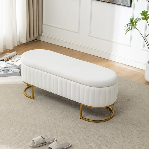 Storage Bench Bedroom Bench, Velvet Oval Upholstered End of Bed Bench with Golden Metal Legs, 46” Modern Storage Ottoman Bench for Bedroom, Living Room, Entryway, Window, Ivory