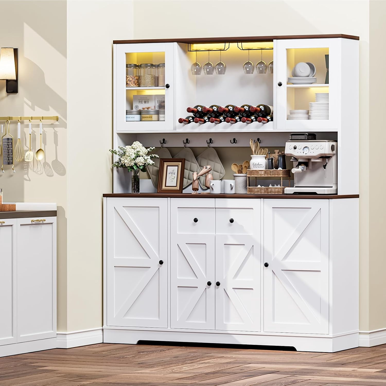 HAUXITIO 55"W Farmhouse Kitchen Pantry with Charging Station & Wine Rack,68" Tall Buffet Cabinet with Large Countertop for Dining Room,White