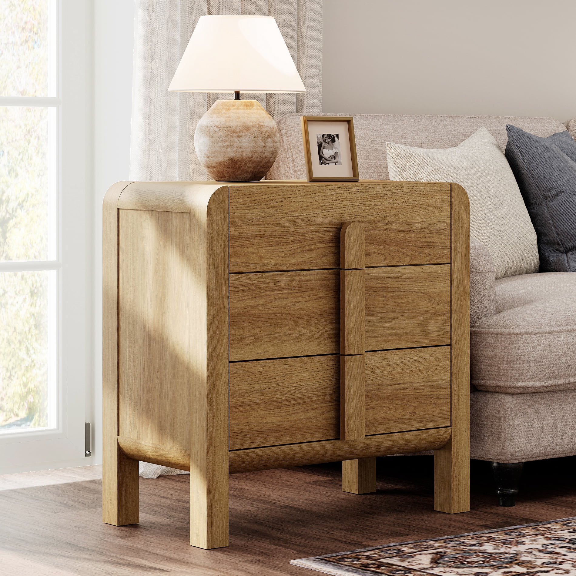 Mid-Century Modern Wood Nightstand with 3 Drawers ,31.5" Large End Table,Curved Bedside Table Storage Cabinet for Bedroom, Living Room,Entryway