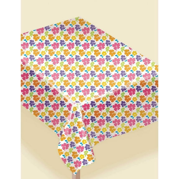 Hibiscus White Tropical Flowers Summer Luau Party Decoration Plastic Tablecover