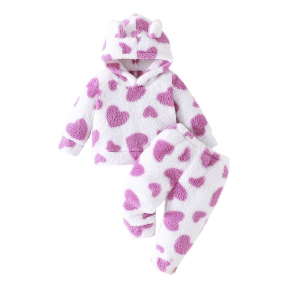 Kaemgyyd Infant Baby Toddler Fleece Pajamas Set Cute Print Warm Hooded Long Sleeve Sweatshirt Fuzzy Winter Pants 3-24 Months