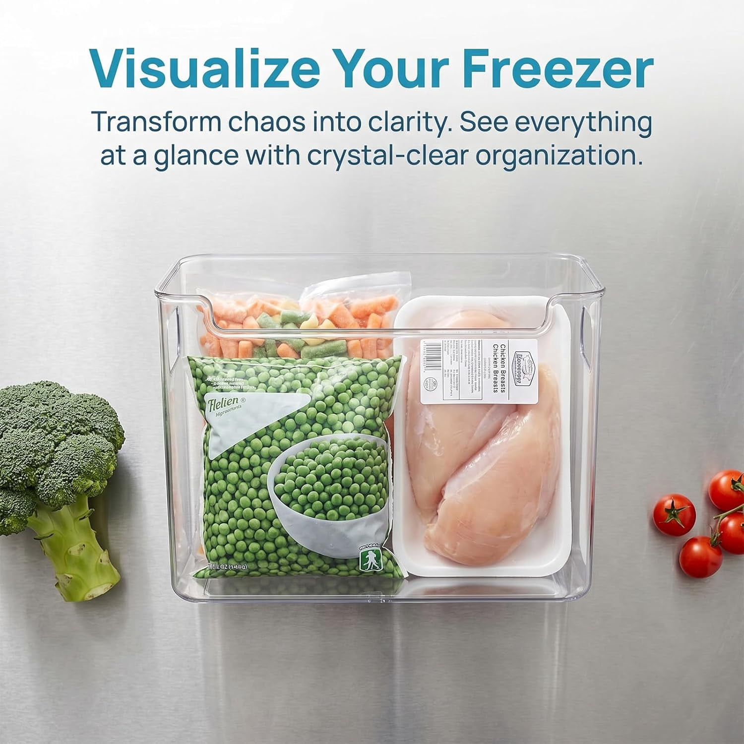 Crystal Clear Freezer Storage Bins - 4 Pack Pantry Storage Bins and Organizers, Plastic Bins for Shelves, Kitchen, Freezer, Cabinet, Closet, Bathroom Under Sink Storage (L*4)