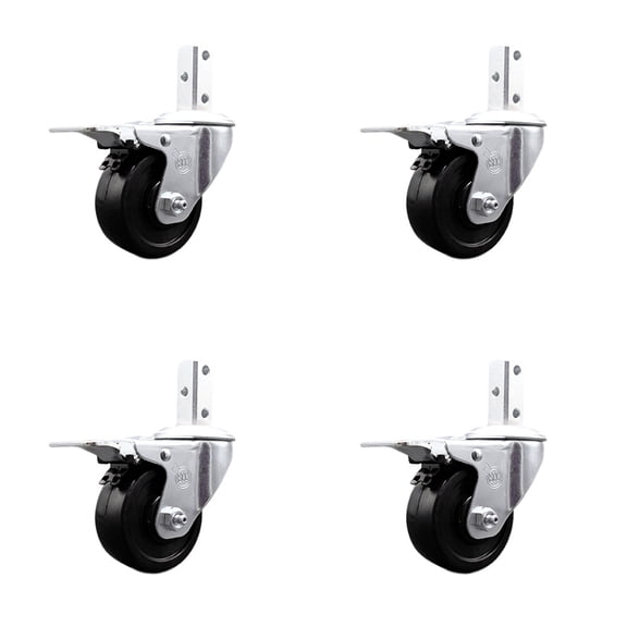 3.5 Inch Soft Rubber Swivel 3/4 Inch Square Stem Caster Set Total Lock Brake SCC