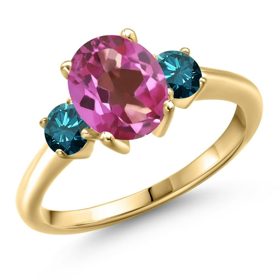 Gem Stone King 10K Yellow Gold Pink Mystic Topaz and Blue Diamond Engagement Ring for Women | 2.74 Cttw | Oval 9X7MM | Gemstone November Birthstone | Size 6