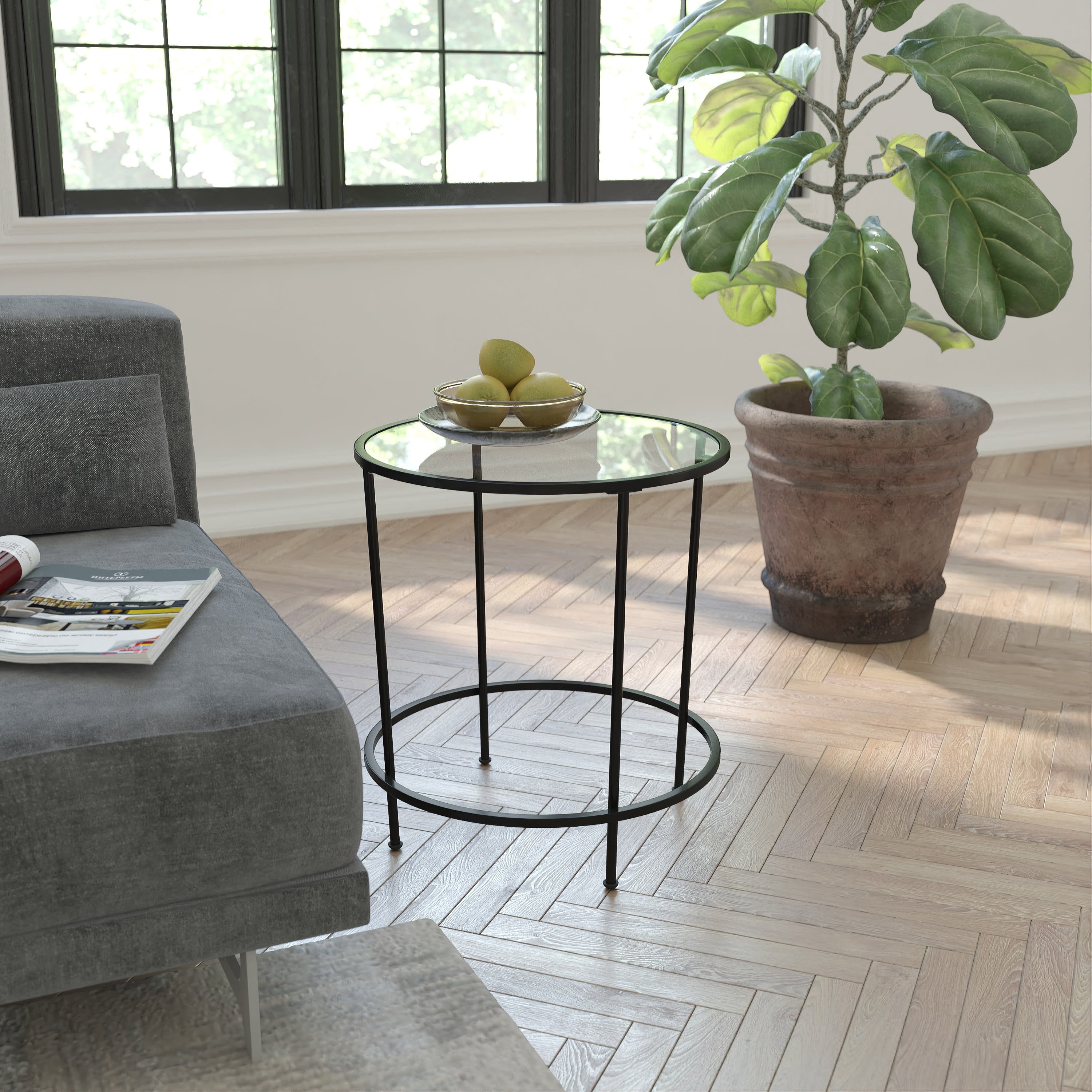 Masada Rugs Modern Clear Glass Round Accent Table with Matte Black ...