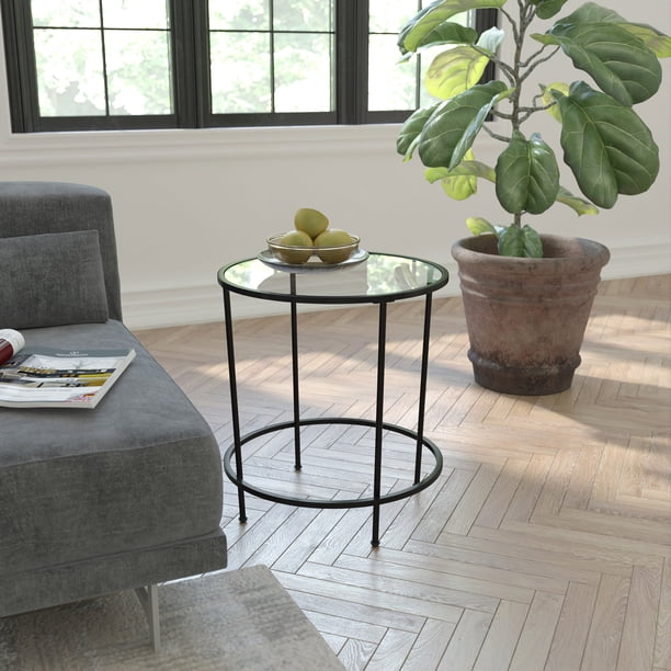 Masada Rugs Modern Clear Glass Round Accent Table with Matte Black ...