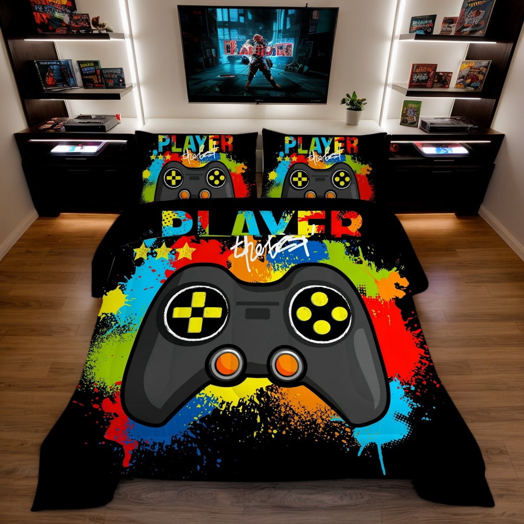 3 Pieces Yellow Gamer Comforter Set for Boys Gaming Bedding Set Queen Size Video Game Controller Colorful Comforter for Kids Adult 3D Gamepad
