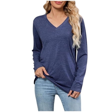 UYISJ Long Sleeve T Shirts for Womens Fall V Neck Tunics Tops Casual Loose Fit Solid Color Pullover Blouses Navy Blue M
