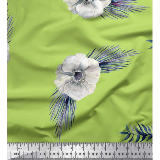 Soimoi Tissu Vert Moss Georgette Feuilles & Anémone Floral Imprimé 1 Yard 42 Pouces de Large