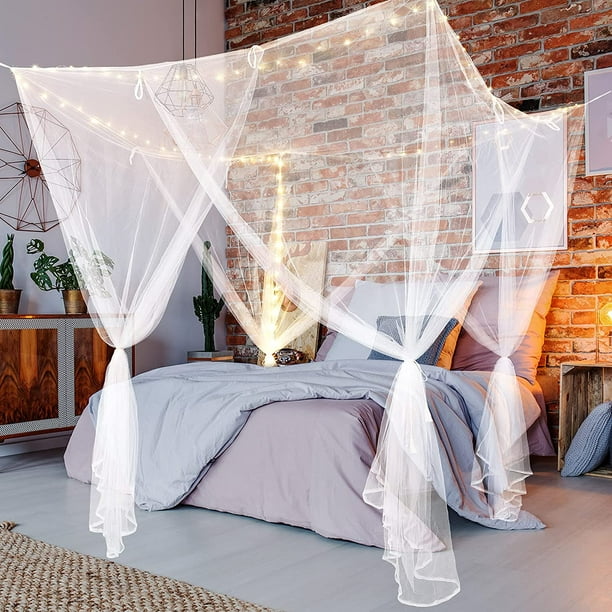 8 Corner Bed Canopy Mosquito Net 4 Door Square Hanging Canopy Curtains with  32.8 Feet String Lights Fairy Lights for Single Bed King Size Bed, 82.6 x