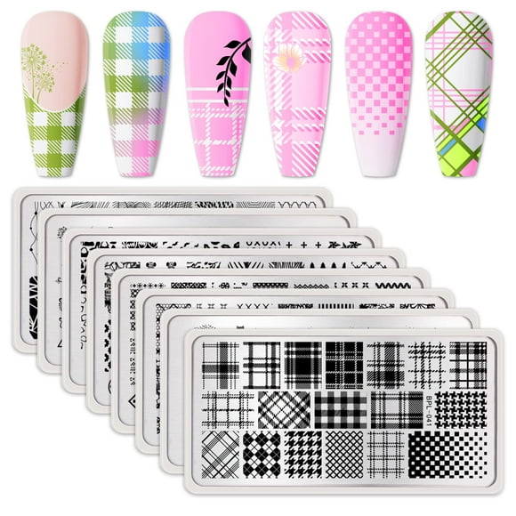 Born Pretty Ensemble de Plaques de Stamping pour Ongles Carreaux Fleurs Feuilles Dentelle Plaques d'Images Nail Art du Printemps à l'Hiver Kit de Pochoirs Outils de Manucure DIY Impression 8 Pcs