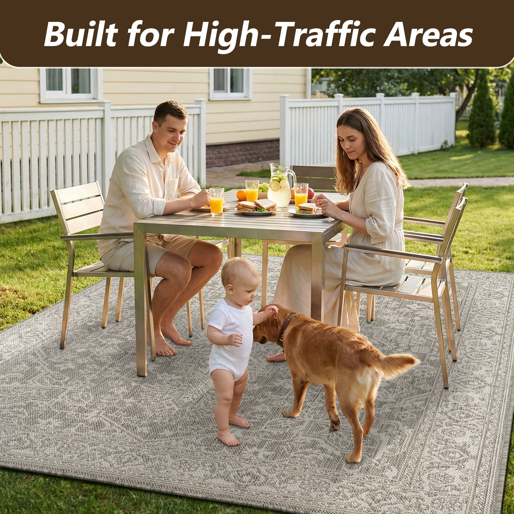 SIXHOME 4'x6' Outdoor Rug, Farmhouse Medallion Patio Rug, Indoor Outdoor Polypropylene Weave Textured Carpet, Water-Resistant, Quick-Dry Rug for Porch, Balcony, RV, Garden, Neutral Gray