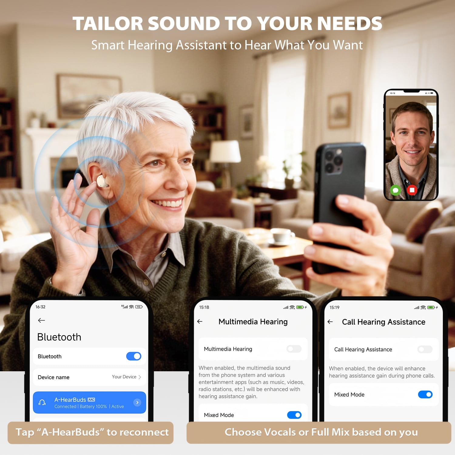 Hearing Aids for Seniors and Adults Rechargeable, ABLEGRID OTC Hearing Aids, In-Ear Touch Control Nano Hearing Aids with Noise Cancelling, App-Enhanced Gain, White