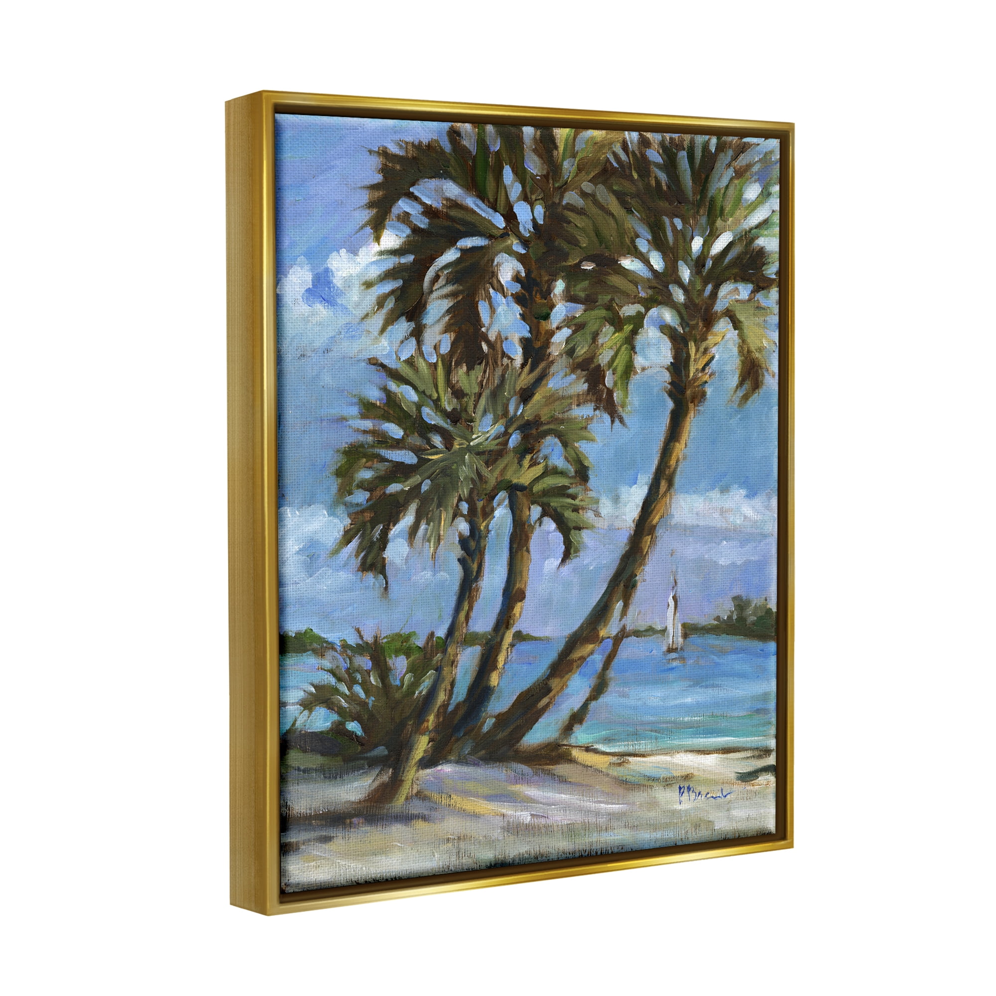 Stupell Industries Sailboat Tropical Shore Transportation Painting Gold Floater Framed Art Print Wall Art, 25 x 31