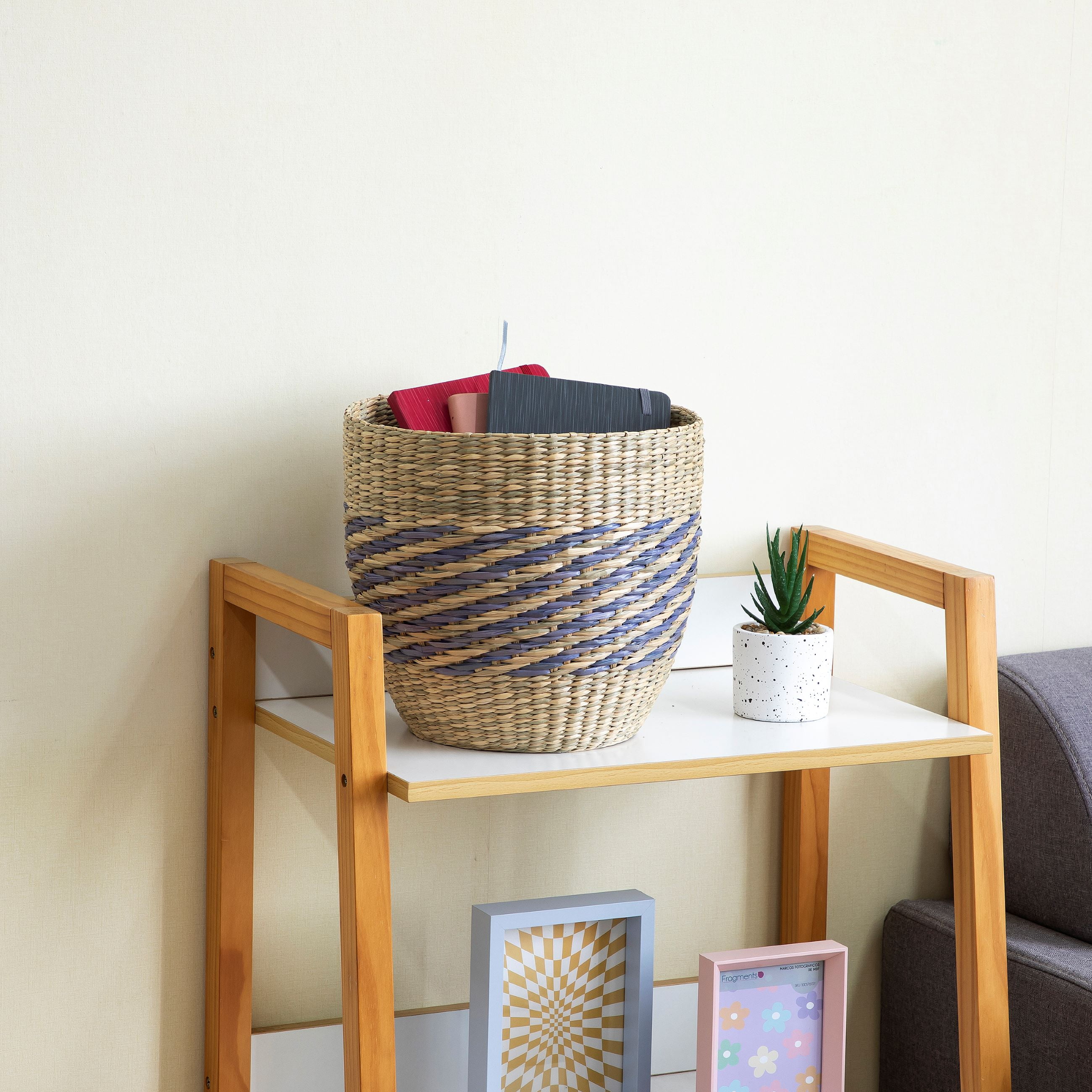 Homezone 9" Tapered Seagrass Basket with Modern Blue Detail