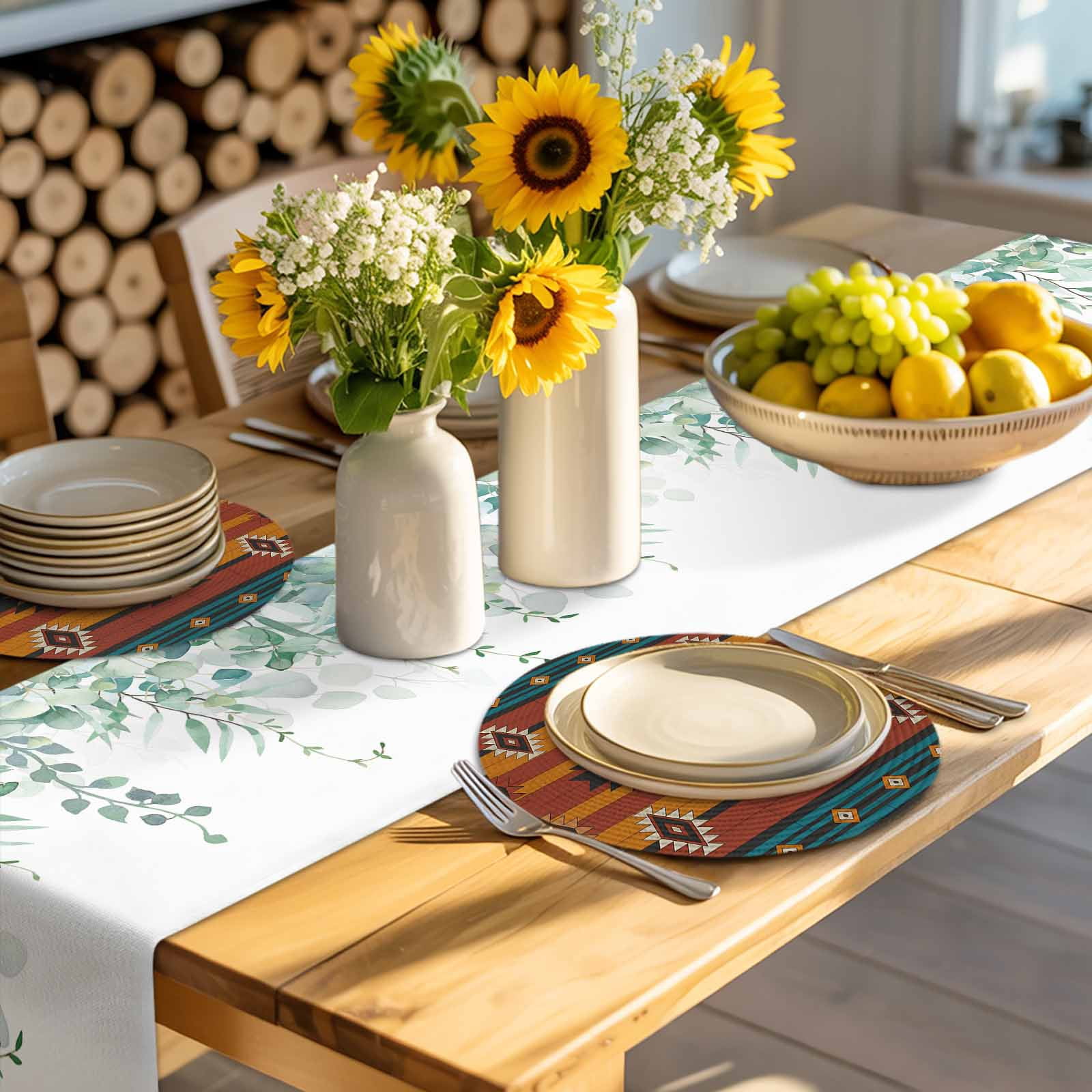 Aztec Southwest Round Placemats Set of 8 for Dinning Tables,Heat-proof Braided Table Mats 13 Inch,Vintage Geometric Farmhouse Art Washable Place Mat for Kitchen Restaurant Party Decor Table Setting