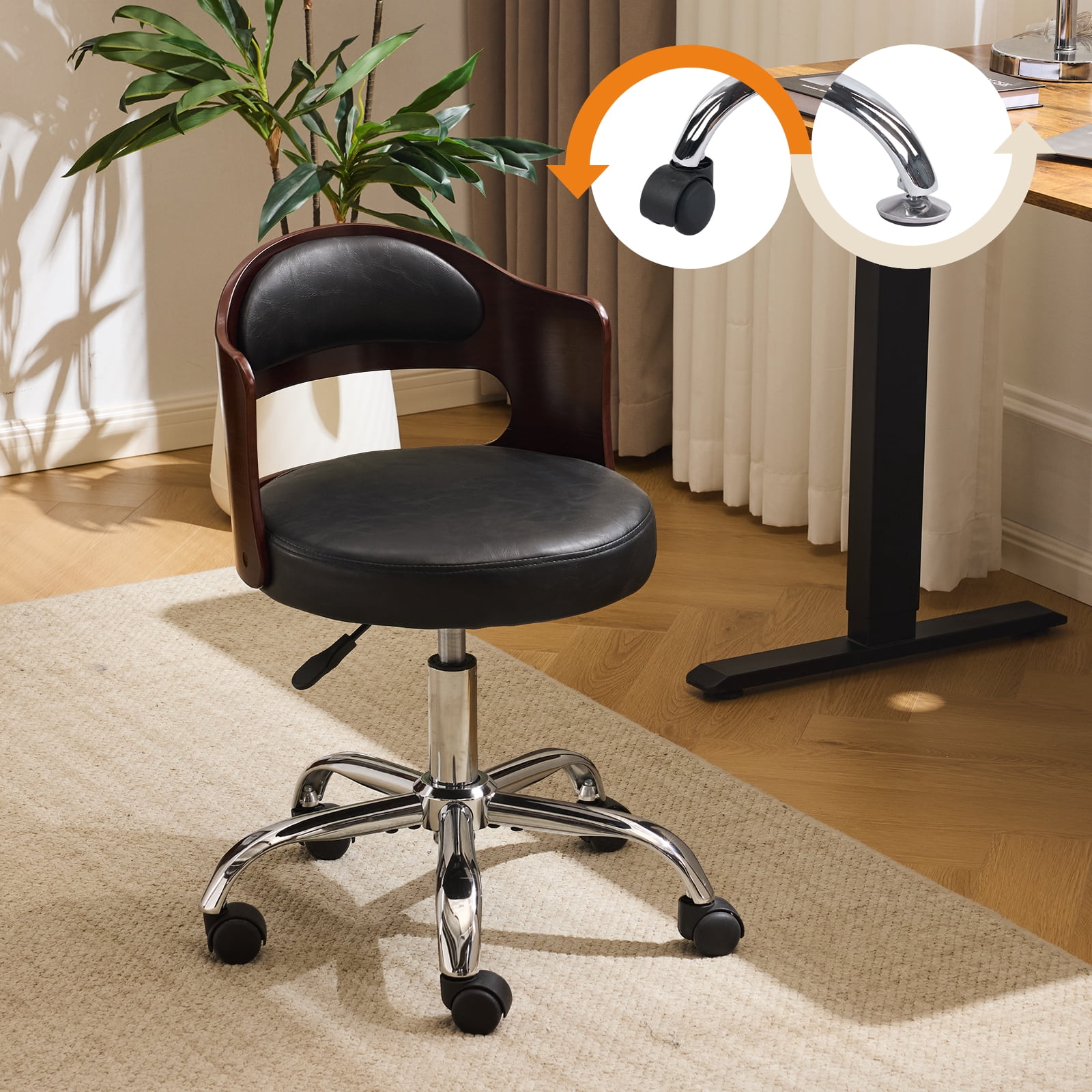 Ktaxon Office Computer Desk Chair with Rolling Wheels, Vanity Stool with Faux Leather Seat, Adjustable Task Chair for Study Make-up Dressing Black