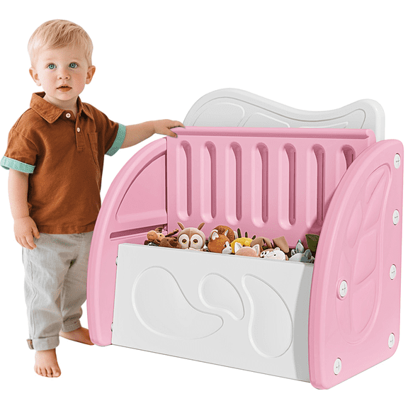 SESSLIFE Toy Box for Boys Girls, Plastic Kids Storage Organizer with Storage Bench and Leaf Backrest, Modern Toy Chest for Living Room, Toddler Room, Bedroom, Support 176 lbs, Pink/Light Grey