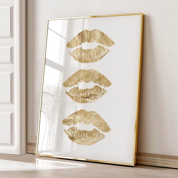 Lips Wall Art, Stylish Retro Decor, Trendy Home Prints, Girly Wall Art, Dorm Room Decor, Gold Makeup Kiss Poster, UNFRAMED PAPER POSTER, Home Decor, Vintage Gift, Living Room Dercor