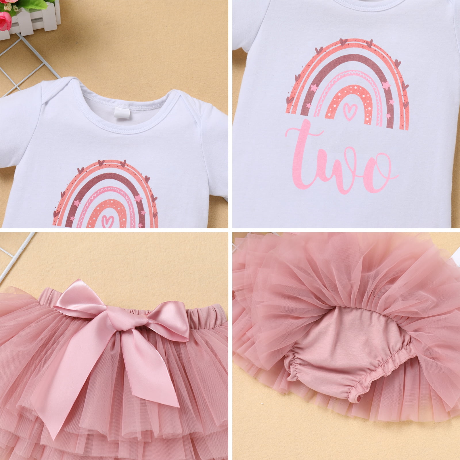 IBTOM CASTLE Toddler Baby Girls First Birthday Outfit Rainbow Boho Bohemian Romper+Tutu Skirt+Crown Cake Smash Clothes Set for Photo Shoot 2 Years Dusty Pink+Crown