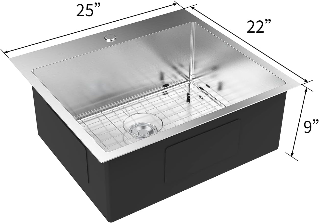 Ktaxon 25" x 22" Drop-In 304 Stainless Steel Workstation Kitchen Sink, 18 Gauge Single Bowl with Grid & Drain Strainer