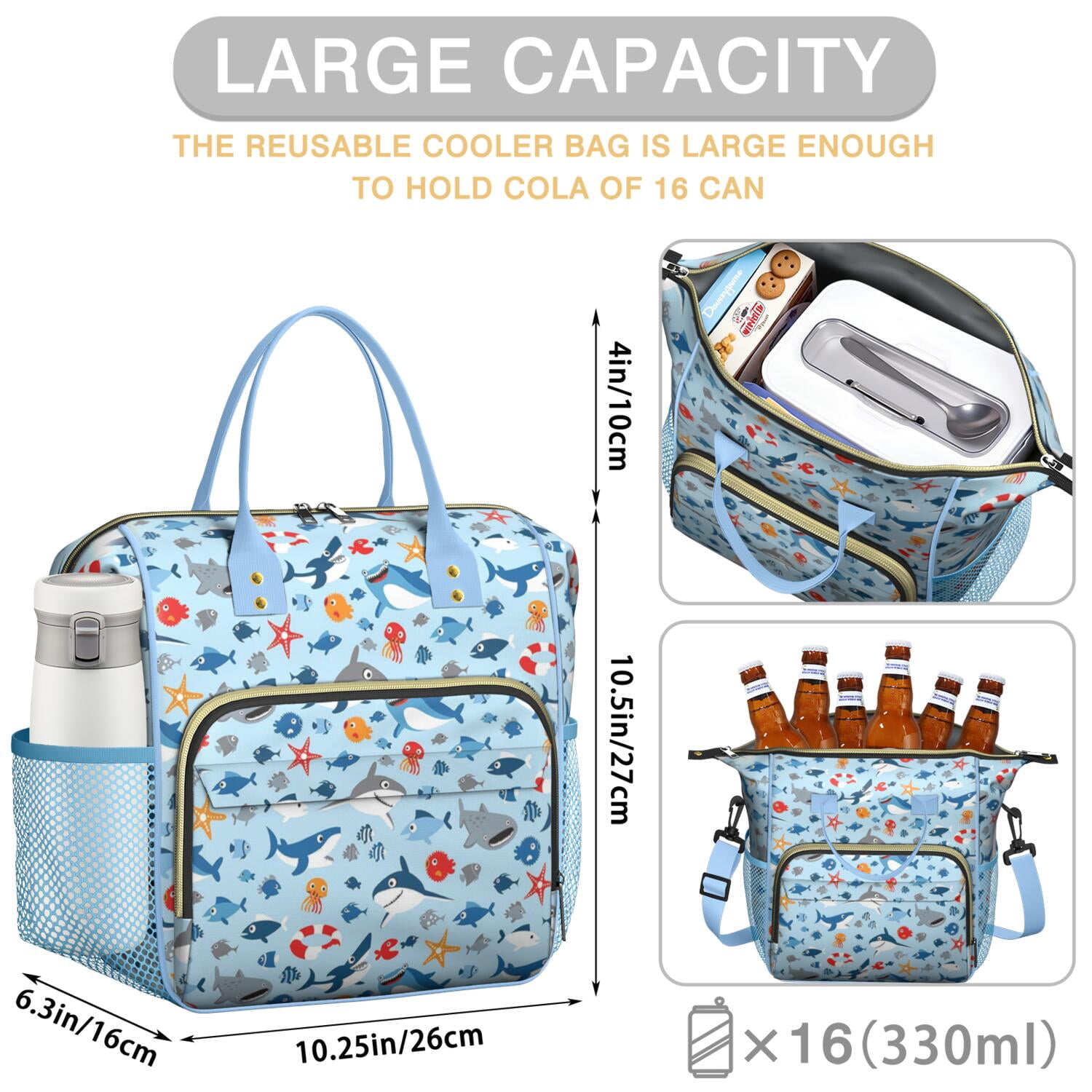 Cute Cartoon Shark and Whale Lunch Box, Large Insulated and Leakproof Bag for Ocean and Marine Style