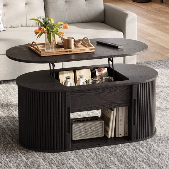 Linsy Home Lift Top Coffee Table with Storage, Fluted Coffee Table for Living Room with Open&Hidden Storage Space, Black