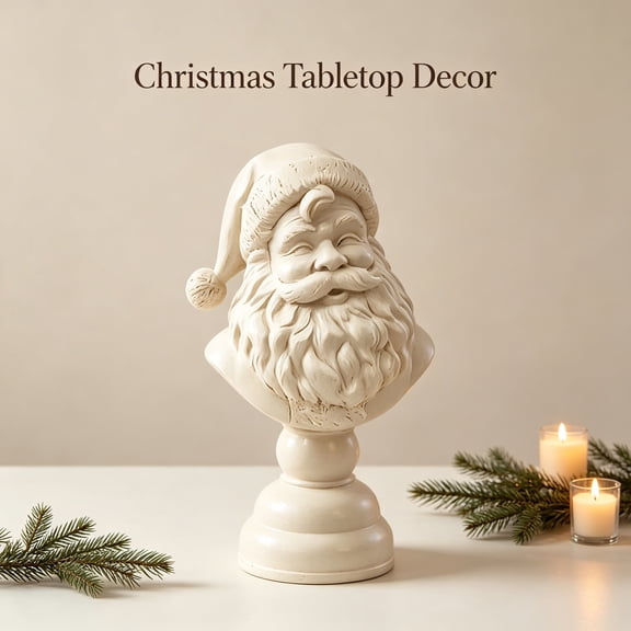 Christmas Resin Santa Claus Bust Statue, Vintage White Matte Santa Head Figurine with Pedestal, Christmas Tabletop Decor for Mantel Shelf Home Display, 10.23in