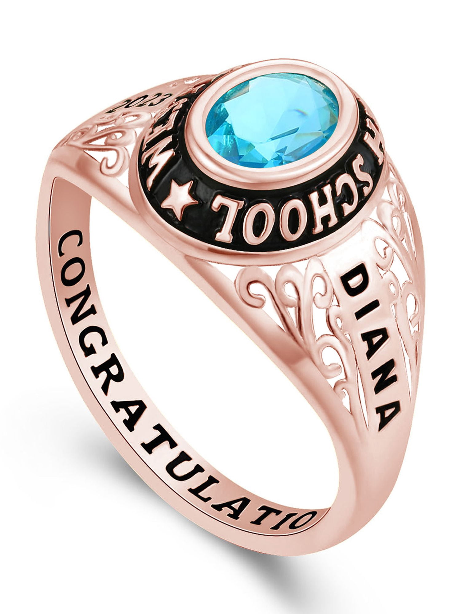 Mementos USA Customized Sterling Silver Class Rings for Women High School College-Rose Gold-Filigree