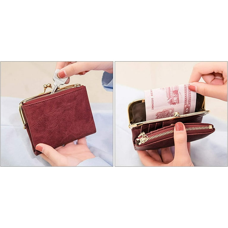 OSLEI Womens Wallet Rfid Small Compact Bifold Leather Vintage Wallet,Ladies  Coin Purse With Zipper and Kiss Lock 