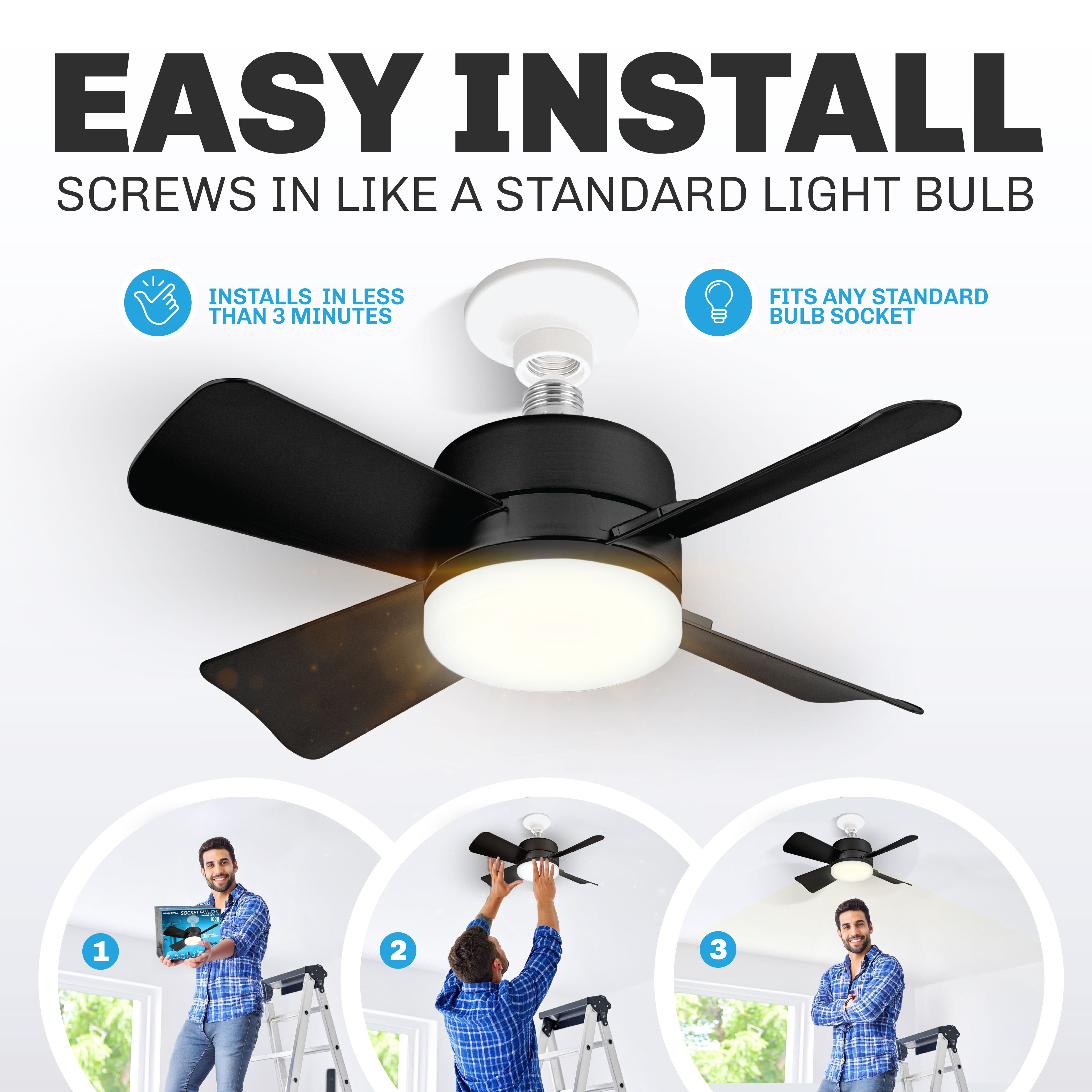 Bell+Howell Socket Breeze Socket Fan Light with Remote, Portable Small Ceiling Fans with Lights for Bedroom, Ceiling Fan with Light 3500K, 1000 Lumens, Screws into E26/E27, Black
