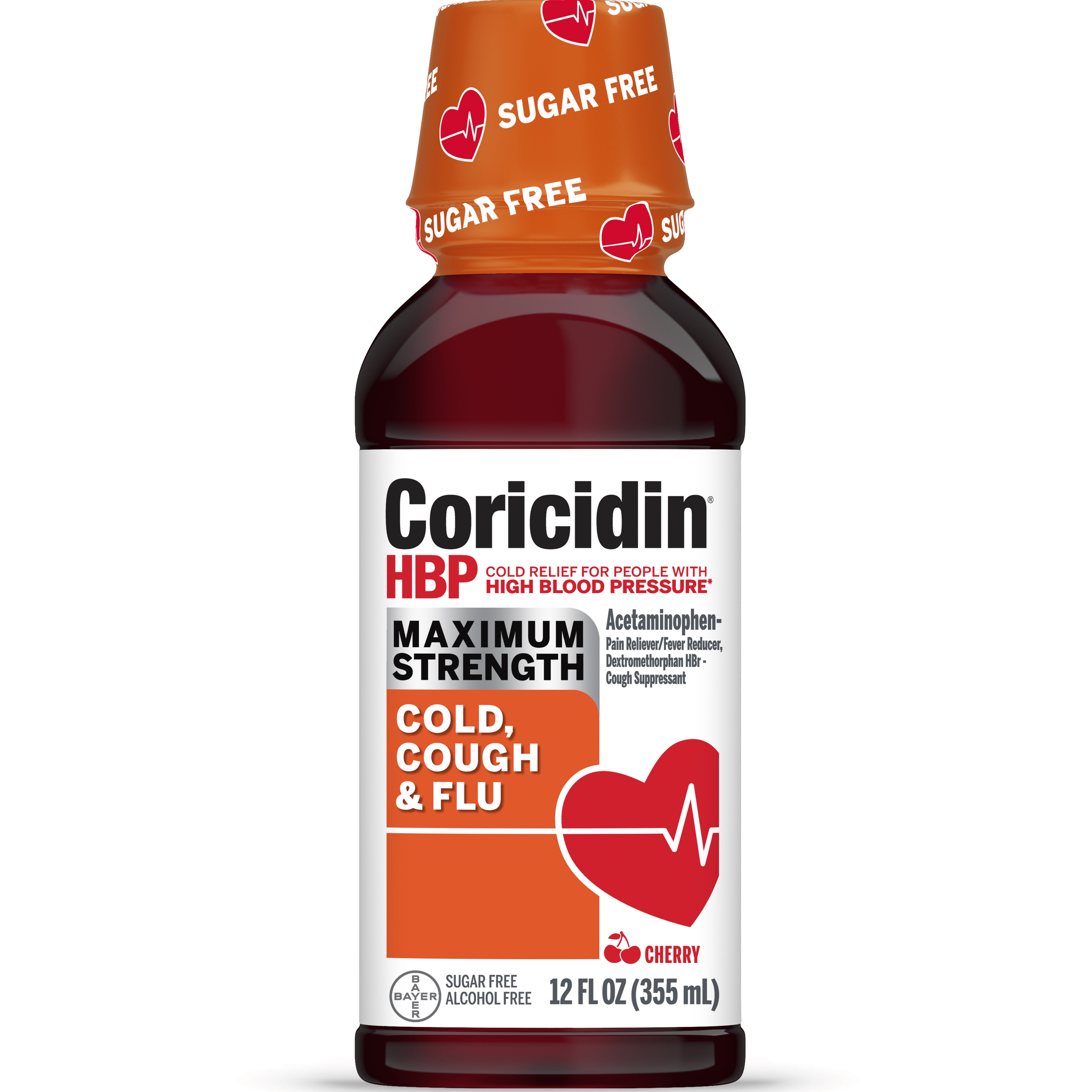 Coricidin HBP Cold, Cough & Flu Medicine, Sugar Free Day Liquid, Cherry, 12 fl oz (355 mL)