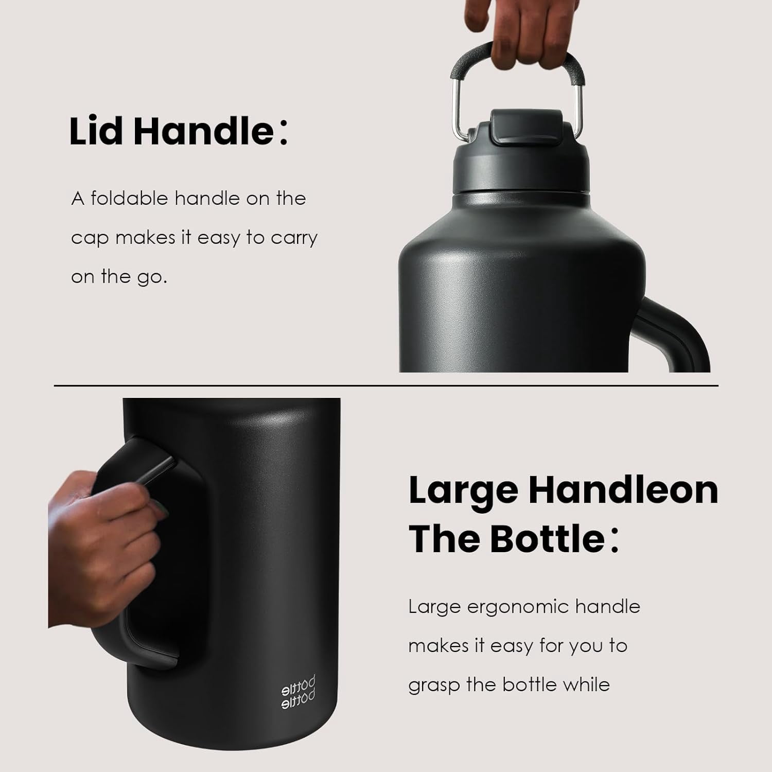 BOTTLE BOTTLE Insulated Water Bottle 64 oz with Straw handle and Dual-use Lid Half Gallon Jug Stainless Steel Water Bottle for Sports Black