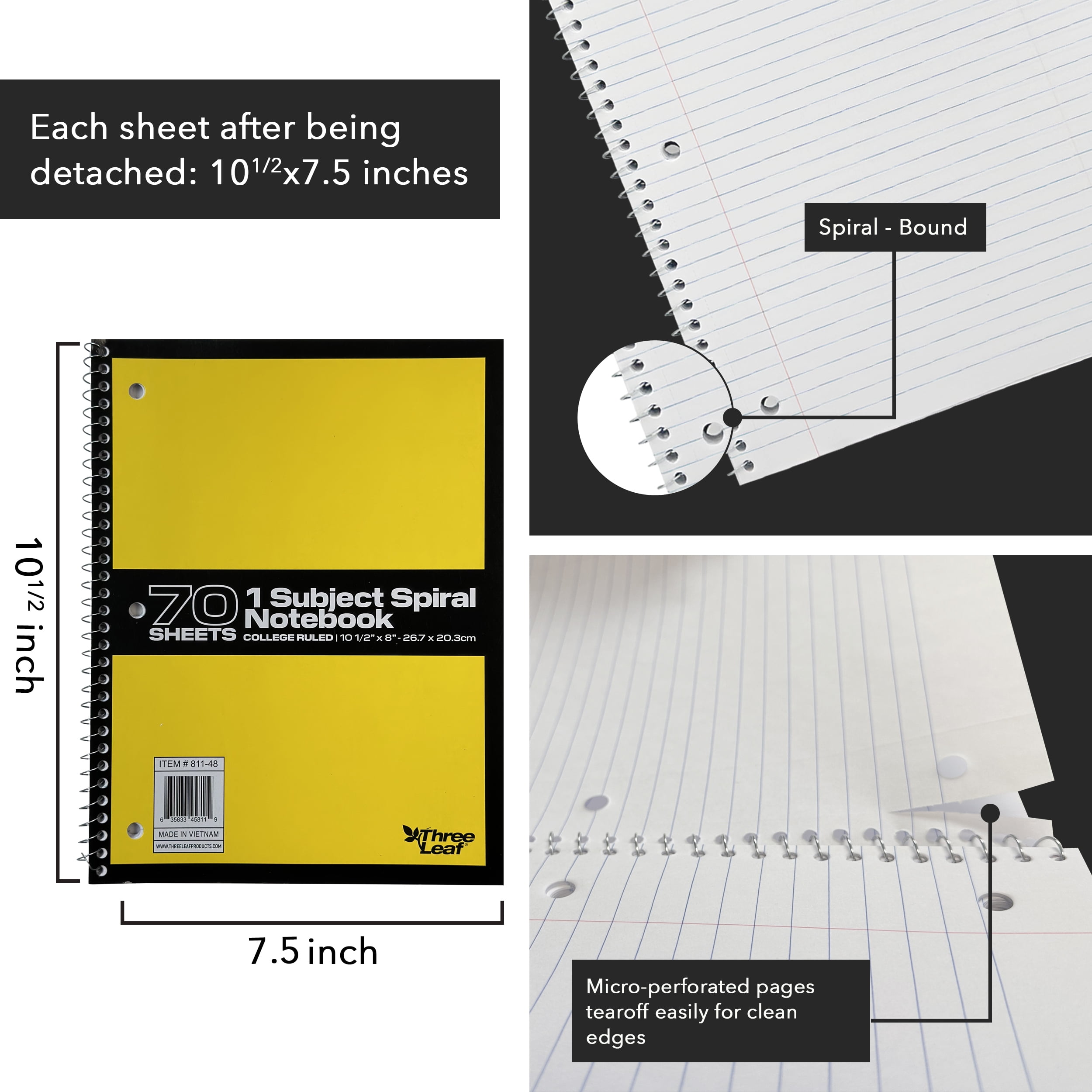 Three Leaf 70 Sheets College Ruled 8" X 10 1/2" Spiral Notebook, Pack Of 12, 1 Subject, Assorted Colors, Spiral Notebook For Student Office