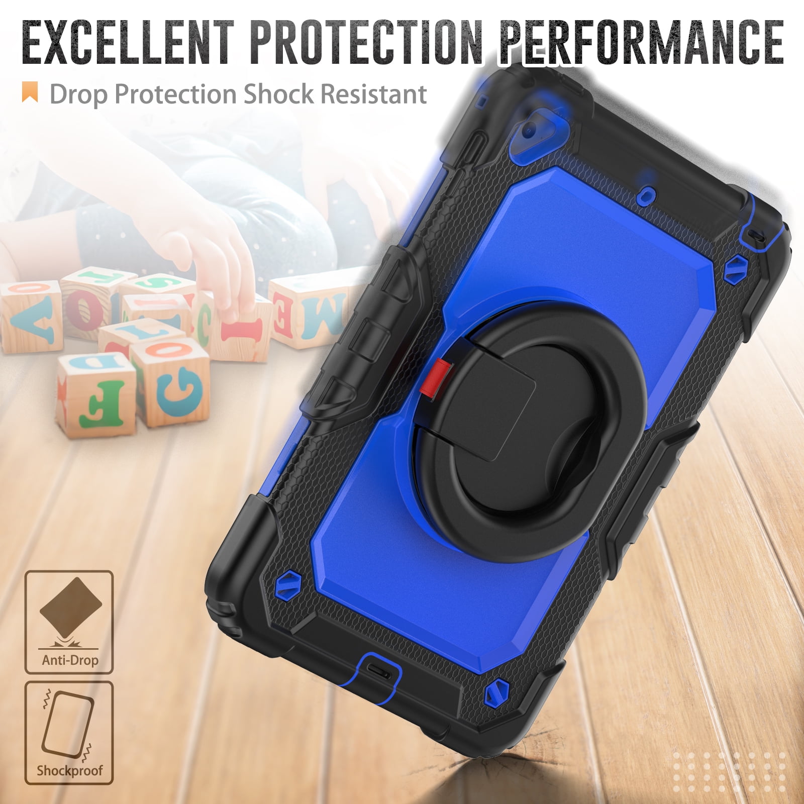 Dteck iPad mini 5 Case / iPad mini 6 Case with Built in Screen Protector, Child Proof Heavy Duty Shockproof Kids Case with Rotating Stand Handle Pencil Holder for iPad mini 5/4 7.9", Black + Blue